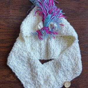 Kids White Crochet unicorn hat with scarf Colorful Fringe